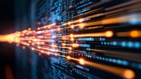 Digital data streams with glowing orange light trails moving through blue binary code matrix background, representing high-speed internet and data transfer technology.