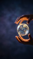Hands holding glowing globe with illuminated city lights against dark blue background, representing global connectivity, technology innovation, and worldwide business growth.