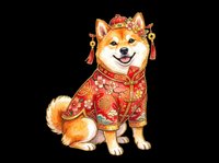 Cute Shiba Inu dog in traditional Chinese red festive outfit with floral decor, isolated on transparent background, ready for stickers, t-shirt design, clipart.
