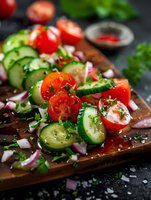 Fresh summer salad with sliced cucumbers, cherry tomatoes, red onion and herbs on rustic wooden board, seasoned with sea salt. Dark food photography.