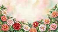 Watercolor floral border with pink, red, and white camellia flowers and green leaves on a soft pastel background with copy space.