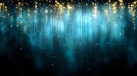 Magical glowing golden light streams falling on turquoise background, sparkling particles creating festive atmosphere for holiday designs and celebrations.