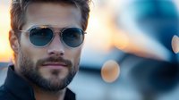 Confident young Caucasian male with beard and aviator sunglasses in urban setting at sunset with bokeh lights background, modern lifestyle portrait for advertising.