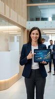 Professional businesswoman presenting financial analytics on tablet in modern corporate office environment for business presentations.