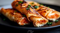Golden crispy pancakes filled with savory ingredients, garnished with fresh herbs on dark plate for breakfast, brunch or dinner meal preparation.