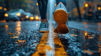 Close-up of running shoes on wet asphalt during evening rain, with bokeh city lights and yellow road marking reflecting in puddles, perfect for urban lifestyle and fitness concepts.