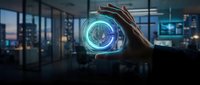 Silhouetted hand holding glowing digital globe with holographic interface in modern office at dusk, representing global connectivity, technology innovation, and business solutions.