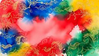 Vibrant watercolor background with golden dragon motifs and colorful paint splashes creating artistic Asian-inspired design for creative projects.