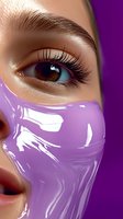 Close-up of brown eye with long eyelashes and glossy purple face mask covering lower face against purple background, highlighting modern beauty and protection concept.