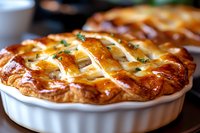 Golden lattice-topped pie in white ceramic dish, flaky pastry crust with herbs garnish, glossy egg wash finish creates appetizing shine, close-up food photography.