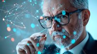 Senior Caucasian businessman with glasses analyzing digital network visualization, representing technology innovation and data analytics.