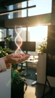 Scientist holding glowing DNA helix hologram in modern laboratory with sunlit windows, representing genetic research, biotechnology innovation, and scientific discovery in contemporary workspace.