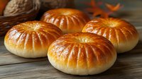 Golden baked bread rolls with glossy surface on wooden table. Fresh homemade buns with shiny crust for bakery, restaurant menu, cooking blog content.