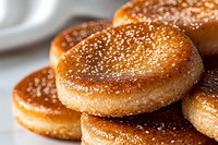 Freshly baked round pastries dusted with cinnamon sugar, stacked together on a white plate. Perfect for bakery, dessert, and food photography projects.
