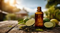Amber essential oil bottle with fresh limes and herbs on rustic wooden table, natural wellness concept in outdoor setting.