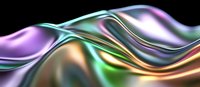 Flowing metallic waves with iridescent purple, green, and gold colors on black background create dynamic abstract composition for luxury design projects.