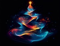 Abstract cosmic Christmas tree made of glowing blue and orange swirling ribbons of light and stardust against dark space background with golden star on top.
