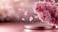 Pink chrysanthemum flowers with floating petals and sparkles around elegant product display podium for cosmetic or jewelry presentation.
