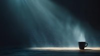 Solitary coffee cup on wooden surface illuminated by dramatic ray of light in dark moody atmosphere. Perfect for concepts of solitude, inspiration, or contemplation.