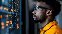 Young African American male IT specialist in orange shirt and glasses analyzing digital data on futuristic interface display with glowing charts and graphs in dark room.
