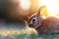 Young brown rabbit in spring meadow at sunrise, soft bokeh background with morning dew on grass creates magical atmosphere for Easter cards and nature designs.