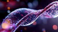 Abstract spiral DNA structure with glowing pink and purple molecules on dark background with bokeh lights, scientific visualization for medical and biotechnology concepts.