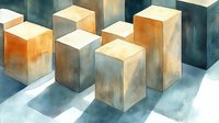 Abstract geometric composition with weathered concrete blocks casting dramatic shadows on reflective surface. Textured cubes in orange and teal tones create minimalist pattern.