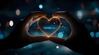 Silhouetted hands forming heart shape against dark background with glowing magical effect and bokeh lights, creating romantic atmosphere for valentines and love concepts.