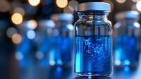 Glass vial with blue liquid and particles in modern laboratory setting with bokeh lights for pharmaceutical research and scientific experiments.