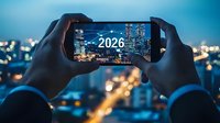 Hands holding smartphone capturing night cityscape with 2026 text overlay against blurred urban skyline with glowing lights and modern skyscrapers in background.