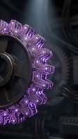 Glowing purple neon gear with intricate circuit patterns on metallic industrial cog, set against dark blurred mechanical background for futuristic technology designs.