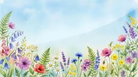 Watercolor wildflower meadow border with colorful blooms and ferns on soft blue sky background for spring and summer botanical designs.