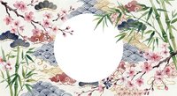 Japanese spring frame with cherry blossoms, bamboo leaves and traditional wave patterns on white background. Asian floral border for greeting cards.
