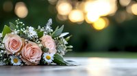 Elegant pink rose bouquet with white daisies and greenery on wooden surface with warm bokeh lights background for wedding celebration events.