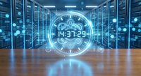 Futuristic digital clock hologram displaying time in modern server room with glowing blue technology elements and data center infrastructure background.
