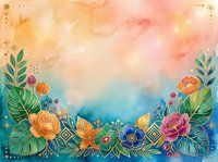 Colorful watercolor floral border with tropical leaves, gold accents, and vibrant blooms on a soft gradient background, perfect for cards and invitations.