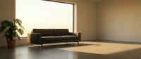 Modern minimalist living room with black sofa, potted plant, and large window casting warm sunlight across polished floor. Interior design and home decor.