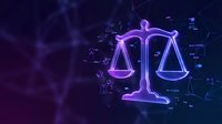 Glowing purple neon scales of justice symbol on dark digital background with network connections. Legal technology concept for law firms and attorneys.