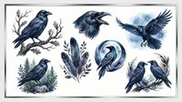 Dark blue ravens and crows isolated on transparent background, ready for clipart, t-shirt design, stickers, sublimation and print-on-demand projects.