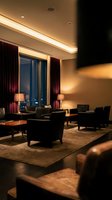 Luxury hotel lobby lounge with elegant leather armchairs, warm ambient lighting, burgundy curtains and city view windows for hospitality design.