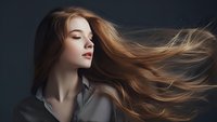 Young Caucasian woman with flowing brown hair against dark background, eyes closed in serene expression wearing grey shirt, hair movement captured in dramatic lighting.