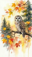 Watercolor barred owl perched on branch surrounded by vibrant autumn maple leaves and evergreen trees in warm fall colors for seasonal nature artwork.