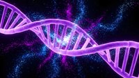 DNA double helix structure glowing in purple and pink neon light against cosmic space background with particle effects for biotechnology concepts.