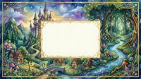 Fantasy landscape frame with castle, forest, river and magical elements creating enchanted border for text or design projects.