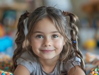 Cheerful Caucasian girl with pigtails and bright blue eyes smiling at camera. Natural childhood portrait showing genuine happiness and innocence in blurred playroom setting.