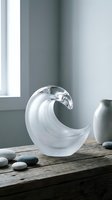 Clear glass wave sculpture on wooden table with smooth stones in minimalist interior setting for modern home decor and artistic display.