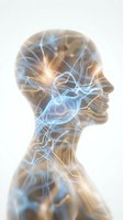 Human head silhouette with glowing neural network connections and electric circuits representing artificial intelligence and brain activity.