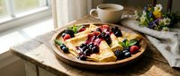 Delicious crepes topped with fresh berries, banana slices and mint on wooden plate. Perfect breakfast or dessert served with coffee in cozy kitchen setting.