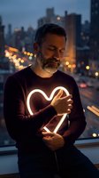 Middle-aged man holding glowing heart light against urban night skyline backdrop. Romantic gesture, love concept for greeting cards and relationship content.