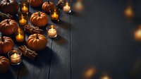Autumn pumpkins and glowing candles create cozy seasonal atmosphere on dark wooden surface with warm bokeh lights for fall decorating and holiday celebrations.